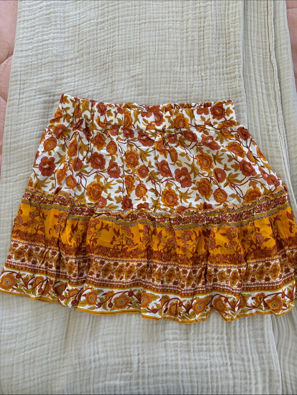 BloomChic Floral Tiered Mini Skirt in White, Mustard, Rust